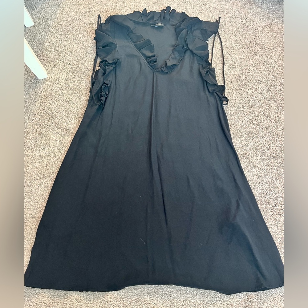 100% Silk Club Monaco Black Ruffle Detail Dress